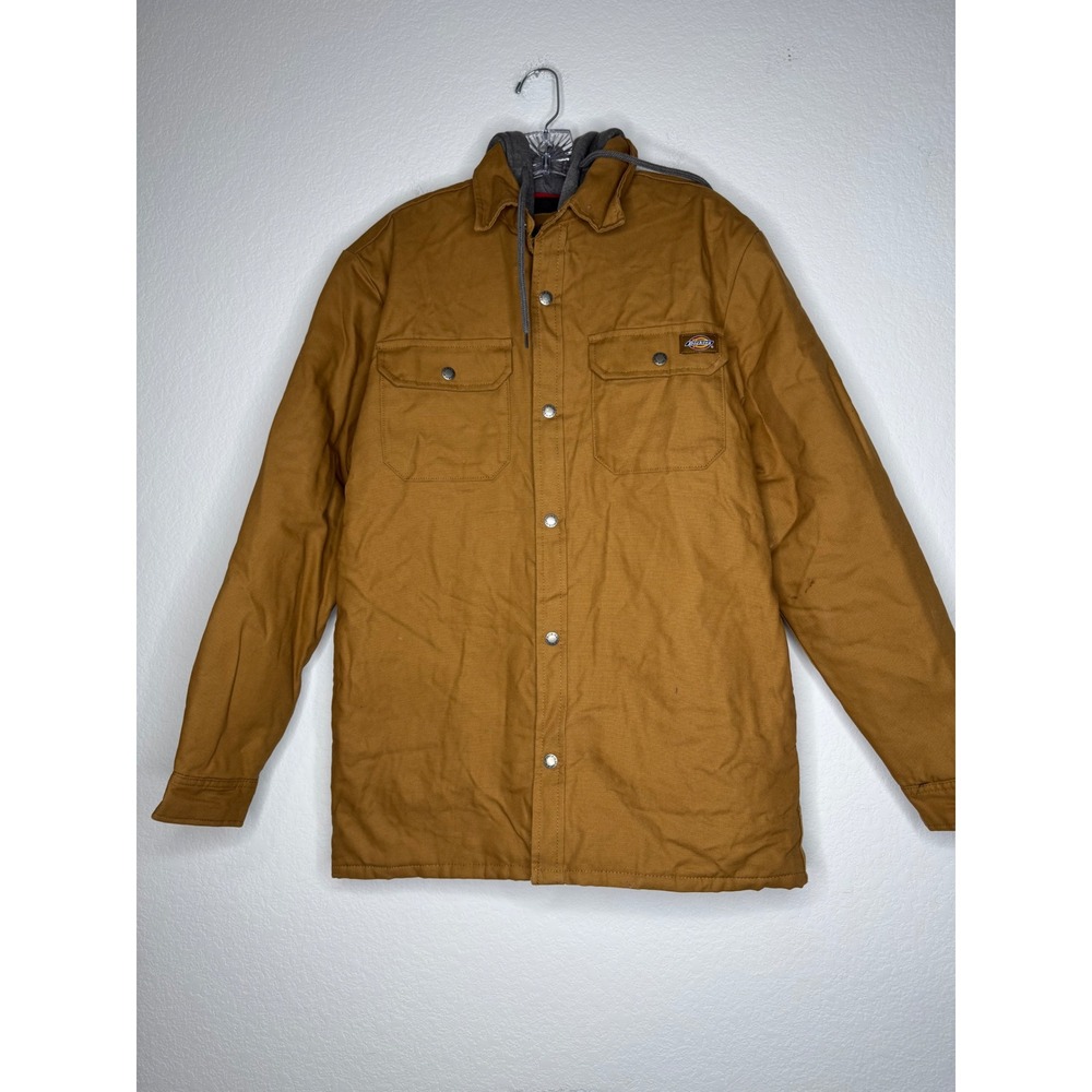 Dickies Mens Brown Duck Canvas Hooded Quilted Lined Shirt Jacket Size Small